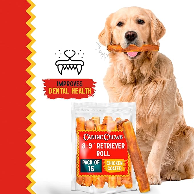 Canine Chews 8-9" Chicken Coated Dog Rawhide Retriever Rolls (15 Pack) - Chicken Rawhide Bones for Large Dogs - 100% USA-Sourced Chicken Coated Dog Rawhide Chews - Healthy Dog Dental Chew Rawhides-Mewly Pet