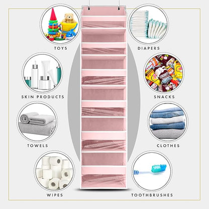 HOMELUX THEORY 1 PC Heavy Duty Over the Door Organizer 55x14x6.7, 6 Large Front & 12 Side Pockets, Hanging Storage Closet Door Organizer for Bedroom, Bathroom and Baby Nursery Storage (Baby Pink)