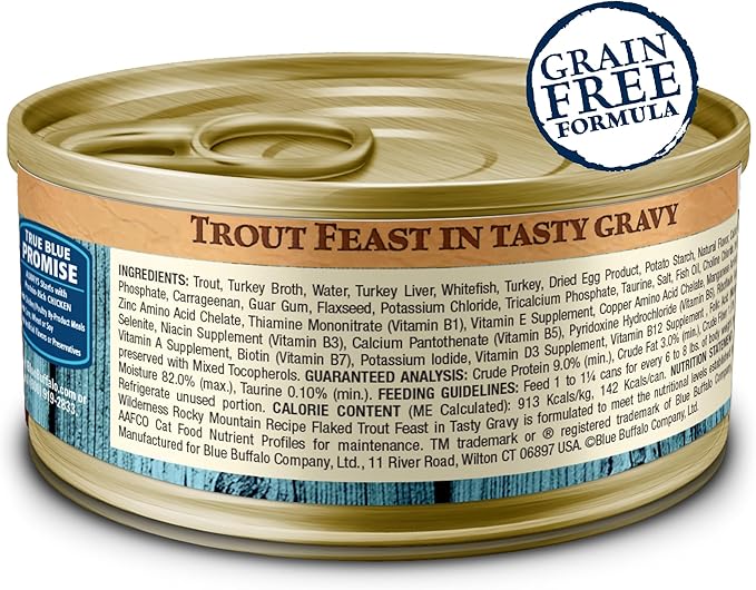 Blue Buffalo Wilderness Rocky Mountain Recipe Natural High Protein Wet Food for Adult Cats, Trout in Tasty Gravy, 5.5-oz cans, Pack of 24-Mewly Pet