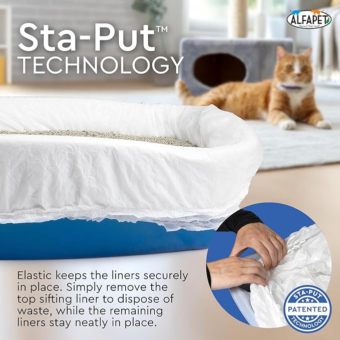 Alfapet Sifting Cat Litter Box Liners - Jumbo 30 Count, Tear-Resistant Cat Litter Bags, Waterproof Kitty Litter Liners, Fits Litterbox Pan Sizes X-Large, X-Giant, 37" x 18" 30 lb Capacity-Mewly Pet