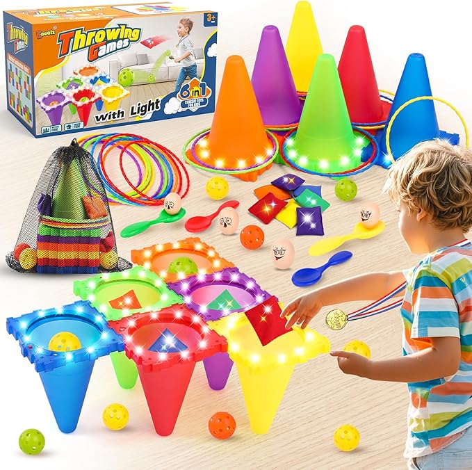 Eocolz 49PCS Carnival Games Outdoor Combo Set for Kids with LED Light, Plastic Cones Obstacle Course Bean Bags Balls Ring Toss Game Egg and Spoon Race Lawn Game, Gift for Birthday Party/Xmas/Easter-Mewly Pet