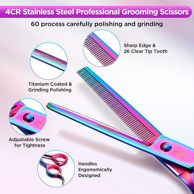Gimars Professional 4CR Stainless Steel 6 in 1 Grooming Scissors for Dogs with Safety Round Tip, Heavy Duty Titanium Coated Pet Grooming Scissor for Dogs, Cats and Other Animals-Mewly Pet