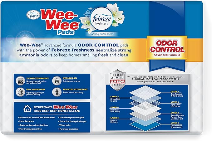 Four Paws Wee-Wee Odor Control with Febreze Freshness Pee Pads for Dogs & Puppies, Leak-Proof Dog Housebreaking Potty Training Floor Protection, Spring Fresh Scent, 22" x 23", 50 Count-Mewly Pet