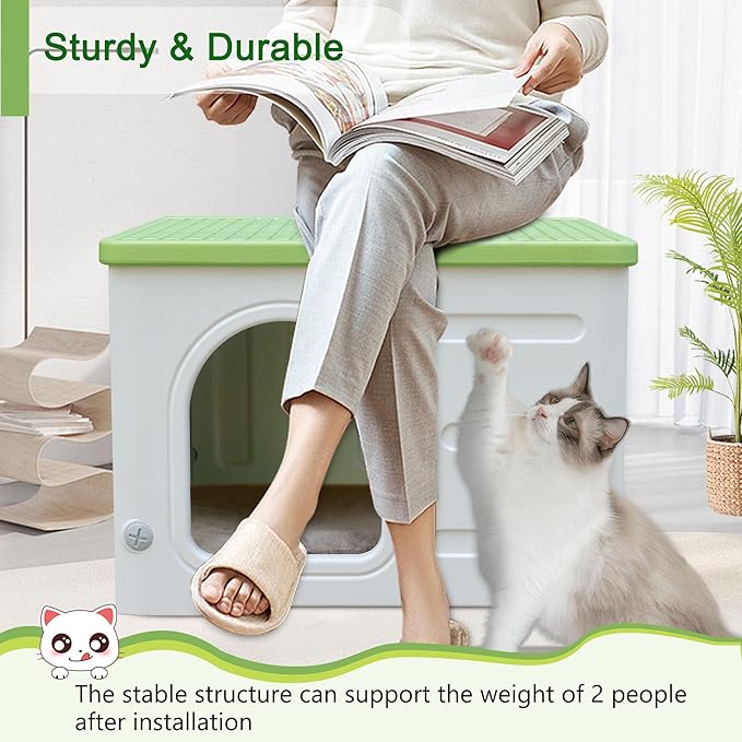 Rockever Plastic Cat House Outdoor with Escape Door, Waterproof Feral Cat House Outdoor Indoor, Sturdy Cat House for Outdoor Cats with Cat Bed Mat, Assemble Easily-Green-Mewly Pet