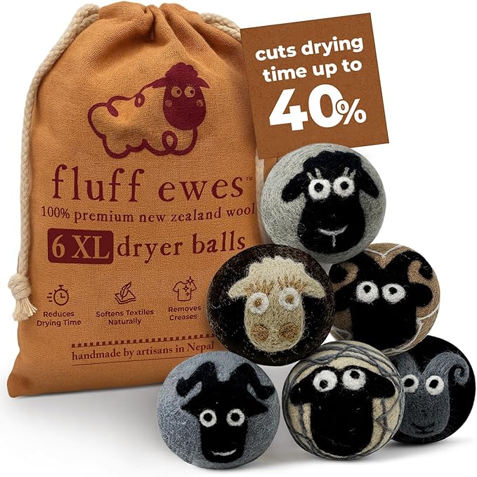 Fluff Ewes Wool Dryer Balls 6 Pack Premium New Zealand Wool Laundry Balls for Dryer, No Static Dryer Balls Laundry Reusable, XL Wool Dryer Balls Cute, Baby Dryer Balls for Dryers - Classic-Mewly Pet