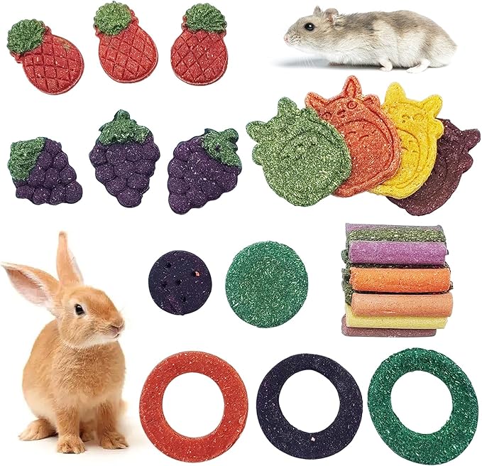 Fhiny 27 PCS Natural Bunny Chew Toys Molar Rabbit Toys Contain Timothy Grass Pumpkin Beets Purple Potatoes Carrot Hamster Treats for Chinchillas Guinea Pigs Mice Gerbils Teeth Grinding-Mewly Pet