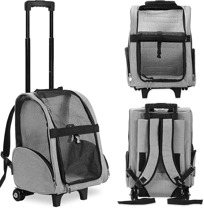 KOPEKS Deluxe Backpack Pet Travel Carrier with Double Wheels for Pets up to 10 Pounds - Black - Approved by Most Airlines-Mewly Pet
