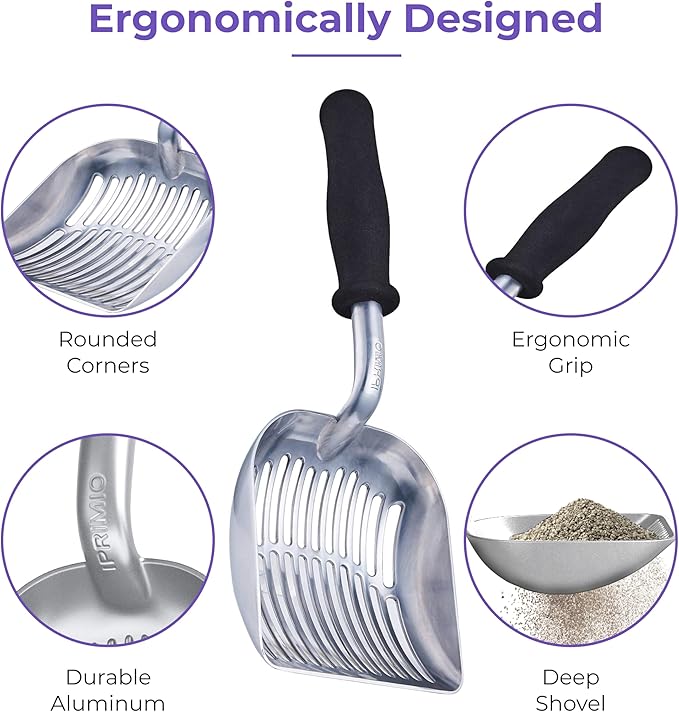 iPrimio Monster Metal Cat Litter Scoop with 17-Inch Long Handle - Extra Large Deep Shovel with Rounded Corners for Extended Reach and Soft Ergonomic Grip for Effortless Cleaning-Mewly Pet