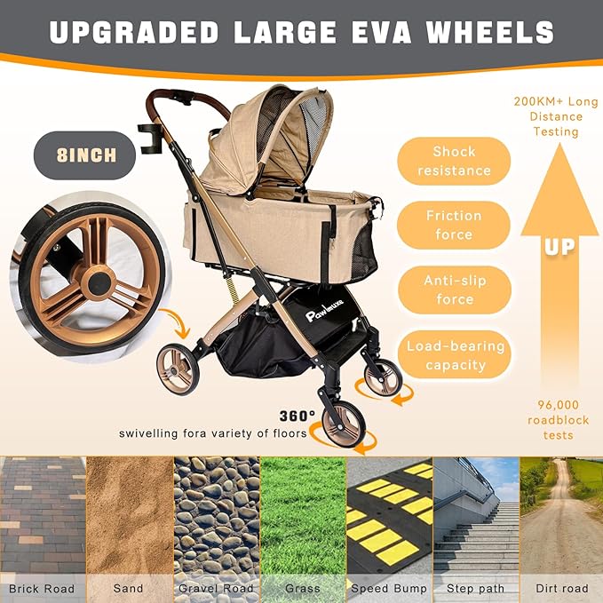 Pet Stroller for Small & Medium Dogs Cats up to 55 lbs 4-in-1 Foldable Travel Pet Stroller with Detachable Carrier Lightweight All-Terrain Spring Damping,Car Seat,Sun Canopy,Khaki-Mewly Pet