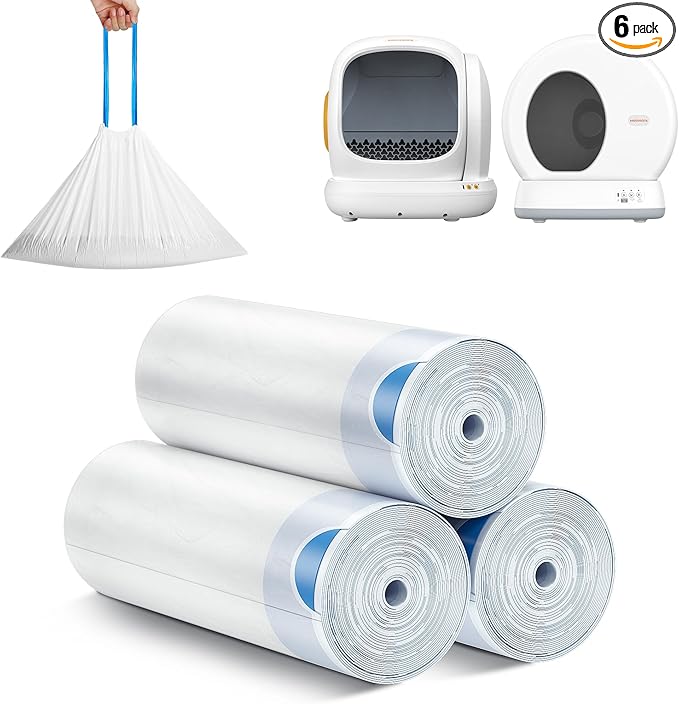 MeoWant Cat Litter Box Liner -120PCS Heavy Duty Drawstring Trash Bags for MeoWant MW-SC01/MW-SC02 Automatic Self-Cleaning Boxes, Extra Thick Leakproof, 6 Rolls (20 Bags/Roll)-Mewly Pet