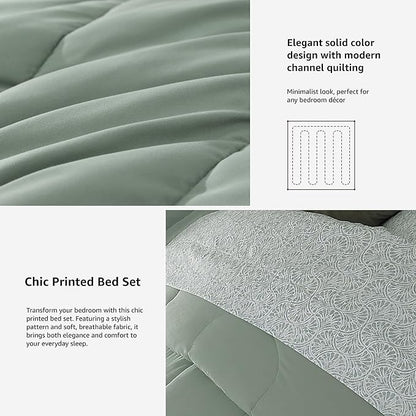 Monbix Queen Comforter Set - 7 Pieces Sage Green Bed in a Bag Queen Track Stitching Bedding Sets, All Seasons Down Alternative Comforter Bed Set with Sheets,Pillowcases & Shams