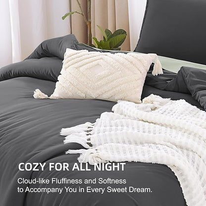Litanika Comforter Set Dark Grey Oversized King Size, 3 Pieces Lightweight Solid Bedding Comforter Set, All Season Fluffy Bed Set (120x98In Comforter & 2 Pillowcases)