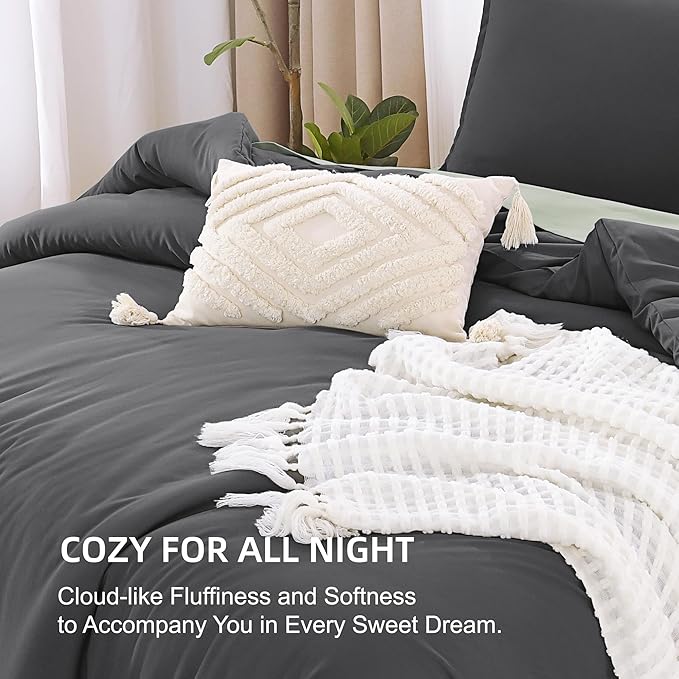 Litanika Oversized King Comforters Dark Grey Super King Size, 3 Pieces Lightweight Solid Bedding Comforter Set, All Season Fluffy Bed Set (120x120In Comforter & 2 Pillowcases)