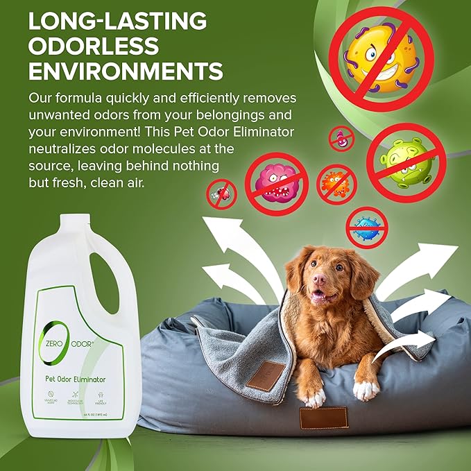 Zero Odor - Pet Odor Eliminator for strong odor, Eliminate Air & Surface Odors – Patented Molecular Technology Best For Carpet, Furniture, Beds Smell Great Again, 64oz Refill-Mewly Pet