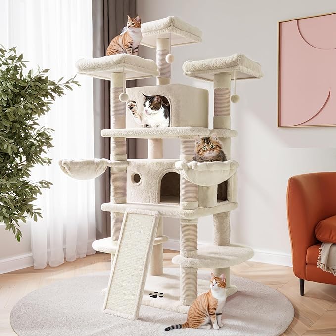 SHA CERLIN 68 Inches Multi-Level Large Cat Tree for Large Kitties/Big Cat Tower with Condo/Cozy Plush ‌Pussycat Perches/Sisal Scratching Posts and Hammocks/Activity Center/Beige-Mewly Pet