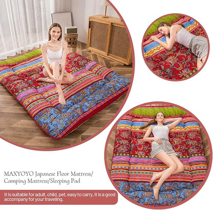 MAXYOYO Bohemian Retro Floor Mattress Vintage Floral Japanese Futon Mattress Roll Up Sleeping Bed King Portable Camping Mattress Floor Lounger Couch Bed Mattress Pad, King