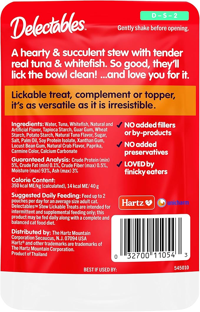 Hartz Delectables Stew Lickable Wet Cat Treats for Adult & Senior Cats, Tuna & Whitefish, 12 Count-Mewly Pet