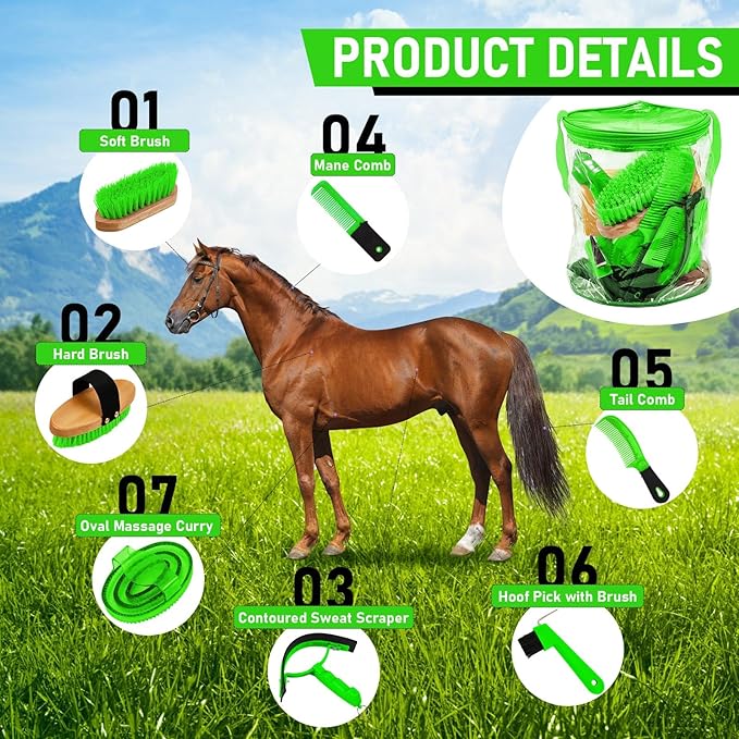 9 Pieces Horse Grooming Kit Tack Room Supplies Set with Organizer Tote Bag, Oval Massage Curry, Hard and Soft Brush, Hoof Pick, Sweat Scraper, Bathing Sponge, Combs for Horse Riders Beginners (Green)-Mewly Pet