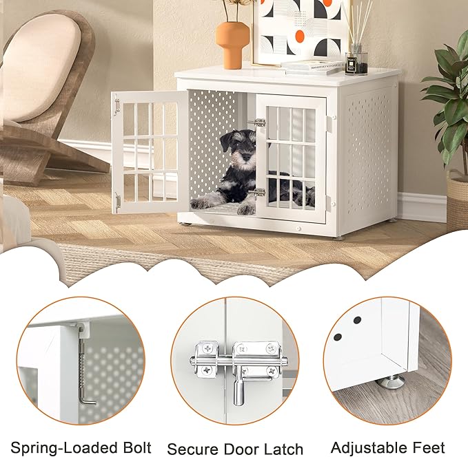 26" Heavy Duty Dog Crate Furniture for Small Dogs, Metal Kennel for High Anxiety Dogs, Chew Proof Pet Cage Indoor, Decorative Dog Kennel End Table, White-Mewly Pet