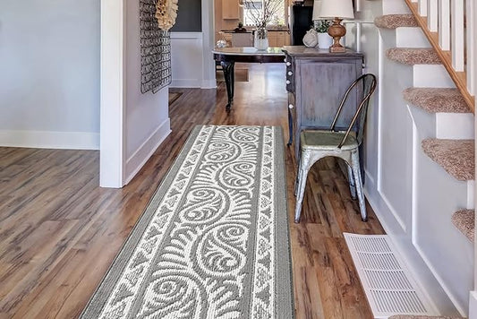 Custom Length Cut to Size Tribal Ethnic Southwestern Inspired Hallway Runner Rug, Non Slip Rubber Backed, 31 inch Wide X Customized Length, Mayan Grey, 31 inch X 17 feet