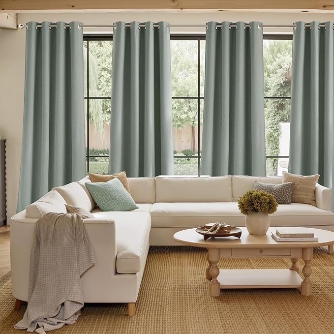 NICETOWN Short Faux Linen Sage Green Blackout Curtains 63 inches Long for Kitchen - Privacy Panels for Living Room Bedroom, Modern Farmhouse Style Easy Care Grommet Top, 2 Panels, W42 by L63