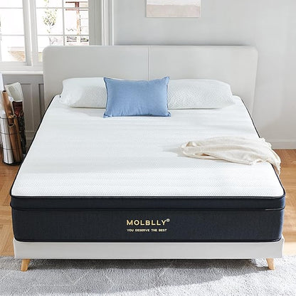 Molblly Queen Mattress14 Inch Hybrid Mattress in a Box with Gel Memory Foam, Individually Wrapped Pocket Coils Innerspring, Pressure-Relieving and Supportive, Non-Fiberglass,Queen Size