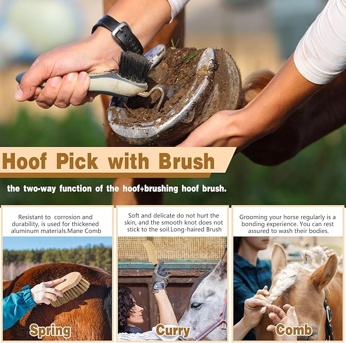 Abbylike 12 Pieces Horse Grooming Kit Racing Festival Tack Room Supplies Horse Brush Sets Equine Care Cleaning Kit Shedding Grooming Massaging Tools(Khaki)-Mewly Pet