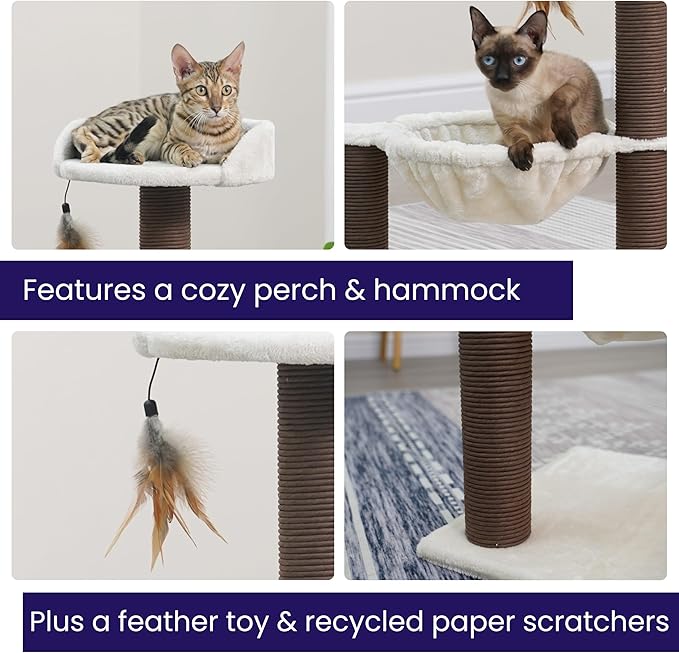 Catry Nirvana 3-Level Kitten Tree with Plush Perch, Soft Hammock, and Paper Rope Scratching Posts, Minimalist Cat Furniture for Climbing, Scratching & Resting, Ideal for Kittens & Small Cats, Beige-Mewly Pet