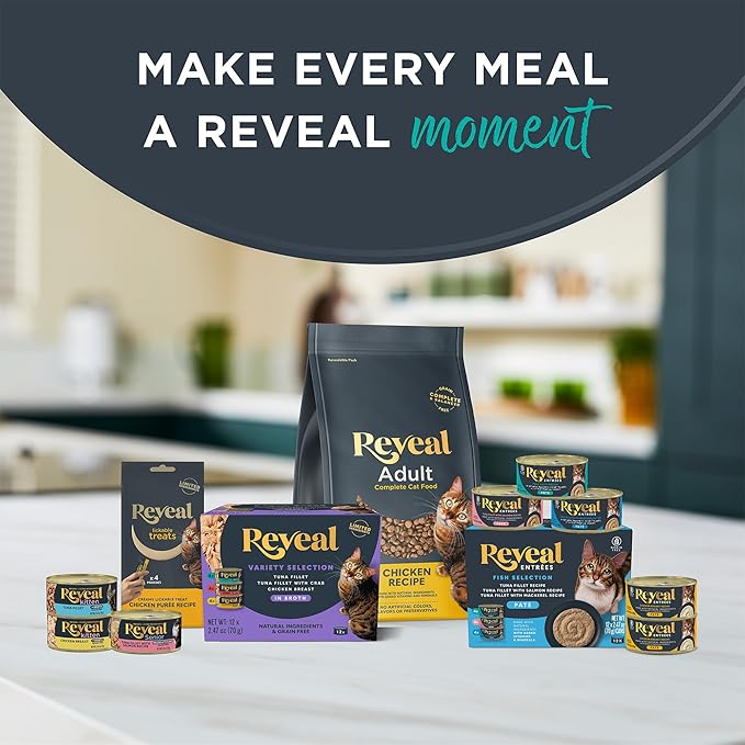 Reveal Natural Wet Cat Food, 12 Count, Grain Free, Limited Ingredient Canned Food for Cats, Fish and Chicken Variety in Broth, 2.47 oz Cans