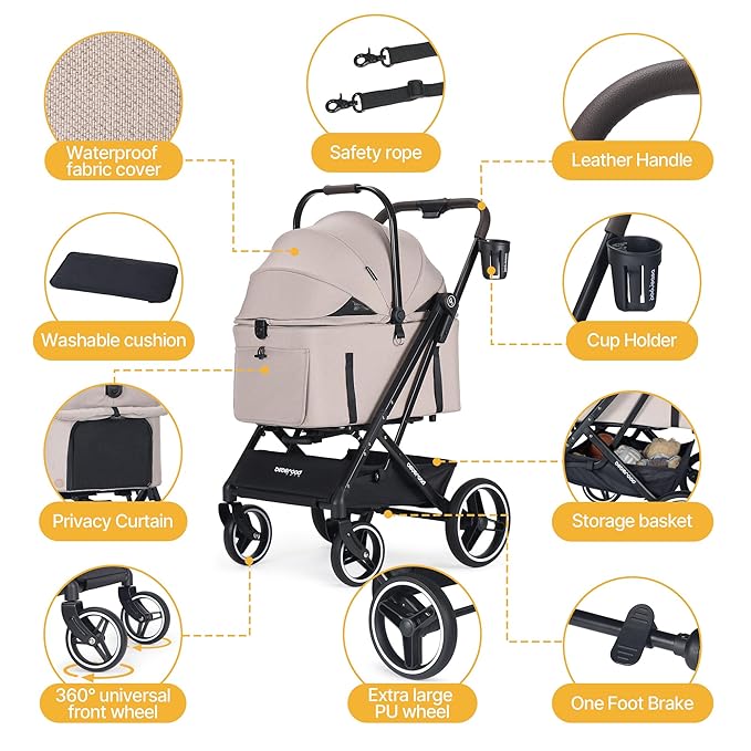 BEBEROAD X3 2 in 1 Pet Stroller for Medium or Two Small Dogs & Cats 4 Wheels Lightweight Foldable Carrier Dog Stroller with Waterproof Weather Cover Cup Holder,Storage Basket(Camel)-Mewly Pet