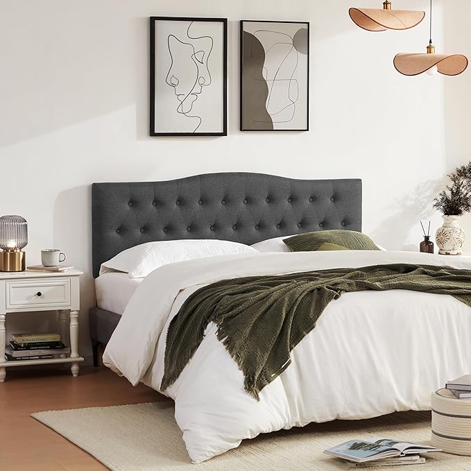 Tufted Upholstered Headboard Queen Size, Sturdy and Durable Solid Wood Bed headboard, Fabric Headboard Adjustable Height from 37” to 51”, Modern Button Diamond Design Head Board, Black