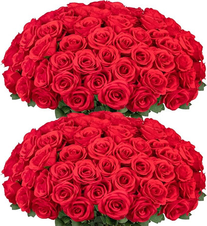 Ouddy Decor 50 Pcs Artificial Red Roses Bulk Realistic Fake Silk Flowers with Long Stems for Wedding Bridal Bouquet DIY Table Centerpieces Arrangement Valentines Home Decor