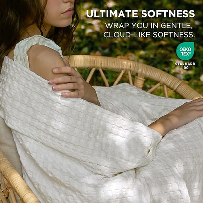 Bedsure Cooling Cotton Waffle Queen Size Blanket - Lightweight Breathable Summer Soft Blanket of Rayon Derived from Bamboo for Hot Sleepers, Luxury Throws for Bed, Couch and Sofa, Ivory, 90x90 Inches