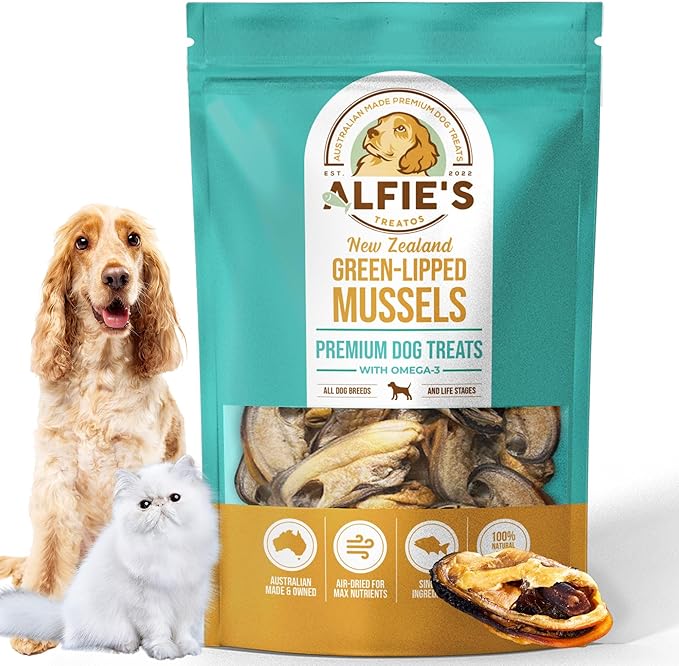 ALFIE'S TREATOS Green Lipped Mussels for Dogs & Cats (2.65 oz), Air-Dried Dog Treats, Natural Supplement & Omega-3 Food Topper, Single Ingredient, Freeze-Dried Alternative-Mewly Pet