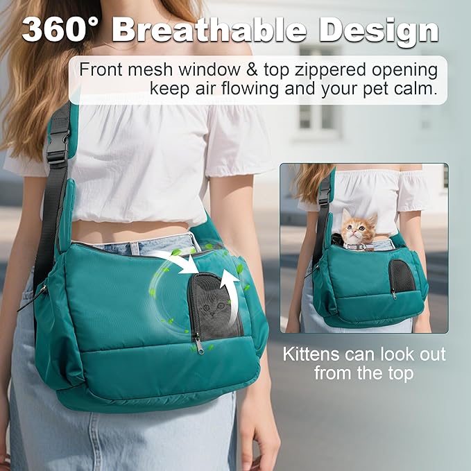 Dog Sling Carrier for Small Pets, Hands-Free Cat Carrier Pouch up to 8.8 lb, Cat Sling with Safety Strap and Pockets, Ideal for Travel and Daily Use, Peacock Blue-Mewly Pet