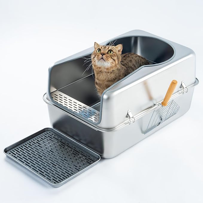 Cattasaurus 100% Stainless Steel Litter Box Enclosure for Large Cats 30+ lbs, Odor-Free & Easy to Clean, Multi Cat Litter Box with Cover, Long-Lasting XL Metal Litter Box with High Side, Scoop & Pedal-Mewly Pet