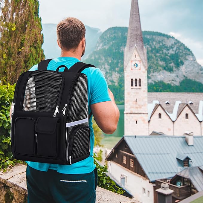 Pet Backpack, Airline Approved Dog Backpack, Cat Bag for Travel Hiking Bike Riding Walking Outdoor, Cat Backpack with Breathable Mesh(Black)-Mewly Pet