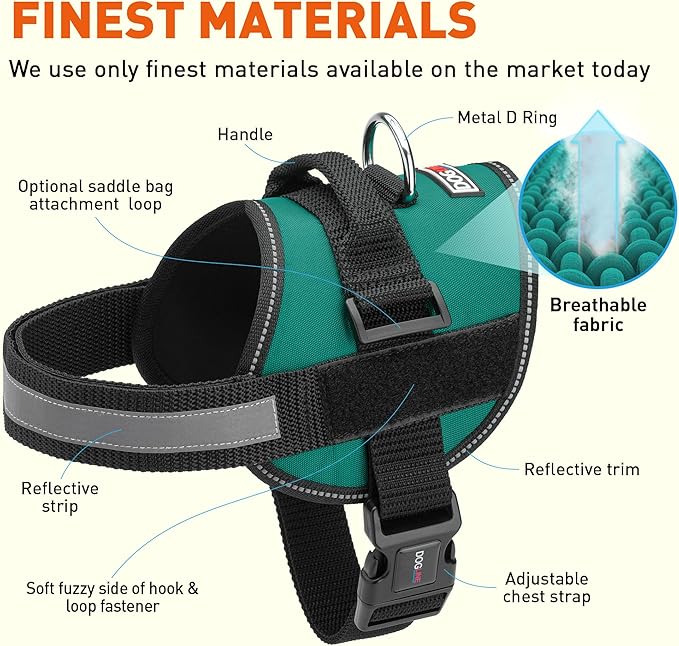 Dogline Dog Harness, Reflective No-Pull Adjustable Vest with Handle for Walking, Training, Breathable, No - Choke Harness for Small, Medium or Large Dogs Room for Patches Girth 33"-46" in Turquoise-Mewly Pet
