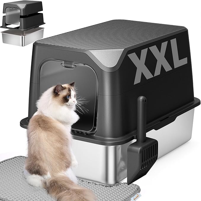 Stainless Steel Cat Litter Box with Lid, Extra Large, Great for Large & Small Cats, Easy to Clean, Anti-Leakage, Non-Sticky, Multifunctional 2 in-1 Metal Cat Litter Box - Black-Mewly Pet