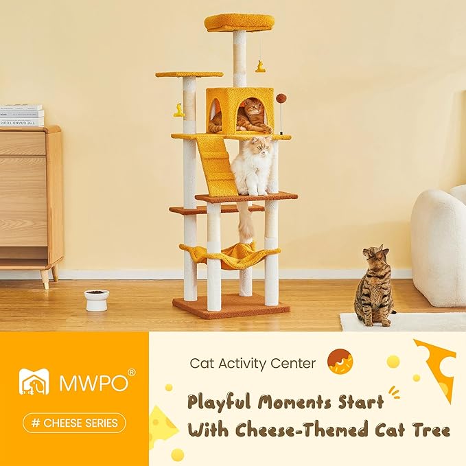 MWPO Cat Tree, 63.8-Inch Cat Tower for Indoor Cats, Multi-Level Cat Condo with 5 Scratching Posts, 2 Perches, Hammock, Dangling Toys, Yellow-Mewly Pet