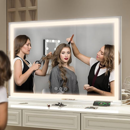 FENNIO Large Vanity Mirror with Lights，40" x 28"Makeup Mirror with Lights，Hollywood Mirror with 3 Color Modes & Adjustable Brightness，Vanity Mirror Square White