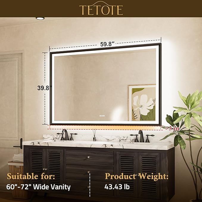 TETOTE 60x40 LED Bathroom Mirror with Lights Black Frame Frontlit & Backlit Lighted Vanity Mirror Baroque Anti Fog Dimmable White/Warm/Natural,CRI90+,Waterproof,Wall Mounted(Horizontal/Vertical)