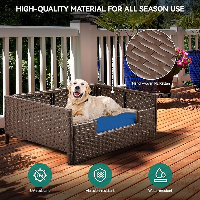 YITAHOME Rattan Dog Sofa Bed with Cushion,Wicker Pet Bed Sofa Couch Indoor Outdoor Water Resistant for Large Medium Small Dogs Cats (34.6''L*23.6''W*11.8'',Blue)-Mewly Pet