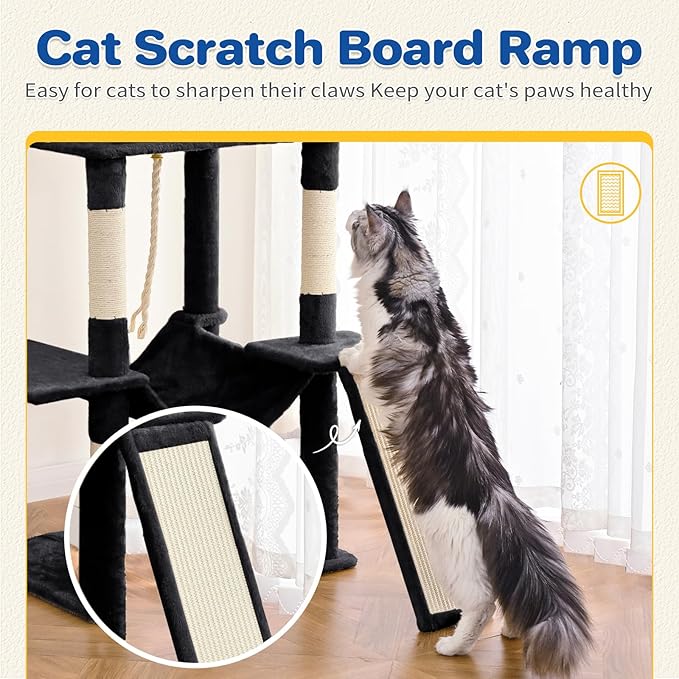 Cat Tree Tower 63in Multi-Level Cat Tower for Indoor Cats with Sisal Scratching Posts, Condo, Hammock, Dangling Ball and Extended Platform for Cats to Play, Black-Mewly Pet