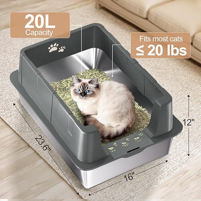 Sousia 2 Packs XL Stainless Steel Cat Litter Box with Lid High Sides, Extra Large Metal Litter Box, Non-Sticky Anti-Leakage Easy Cleaning for Large & Multiple Cats,Scoop Included-Mewly Pet