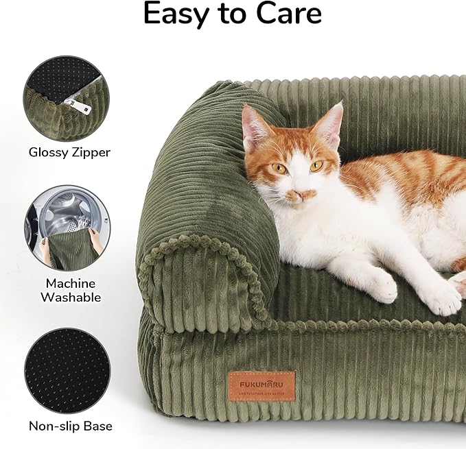 FUKUMARU Dog Couch Bed, Corduroy Cozy Cat Bed for Indoor Cats with Washable Cover, Supportive Waterproof Dog Beds Sofa for Small Dogs and Large Cats Cute, 28inch, Medium, Green-Mewly Pet