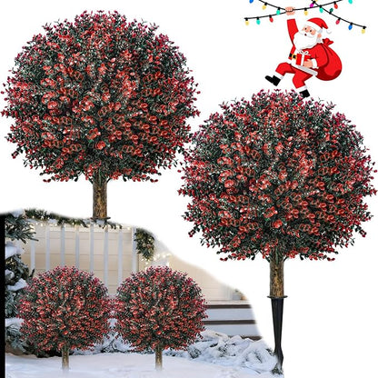 2 Pack Xmas Artificial Boxwood Topiary Ball Tree with Spike Christmas Yard Decoration, 24" Outdoor Faux Shrub Bushes Topiaries Plant, UV Resistant Fake Boxwood Plants for Porch Potted Planter Pathway