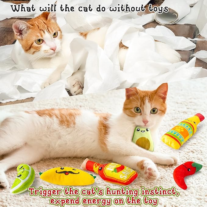 L1rabe Mexican Catnip Stuffed Toys - Hispanic Heritage Month 6Pcs Funny Cat Toys for Cat Lovers Gifts, Carnival Sause Avocado Indoor Kitten Chew Bite Kick Interactive Pet Supplies Kitten Birthday Gift-Mewly Pet