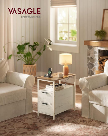 VASAGLE Side End Table with Charging Station, Slim Nightstand with 2 Drawers, Narrow Bedside Table for Living Room, Small Spaces, Honey Brown and Rustic White ULET321W01S