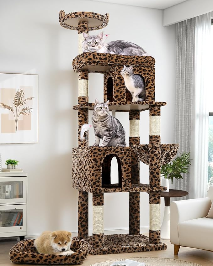Globlazer Heavy Duty Cat Trees for Large Cats, Sturdy 72in Maine Coon Cat Tree for Large Cat 20 lbs+ Heavy Duty Cat Tower for Adult Biggest Cats with 6 Scratching Posts, Hammock, S72, Leopard Print-Mewly Pet